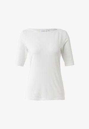 Weißes T-Shirt mit kurzen Ärmeln aus weichem Material. Es verfügt über einen weiten Halsausschnitt und eine schlanke Passform, ohne sichtbare Muster oder Verzierungen.