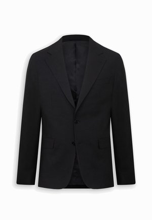 Blazer de hombre negro a medida con solapas de muesca, dos botones delanteros, bolsillos con solapa y forro interior, exhibido sobre fondo blanco.