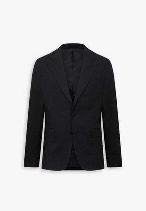 Blazer de hombre negro a medida con solapas de muesca, dos botones delanteros, bolsillos con solapa y forro interior, exhibido sobre fondo blanco.