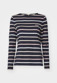 Chemise à manches longues bleu marine avec des rayures horizontales en rose doux, blanc et beige. Elle présente un col rond et un petit logo brodé.