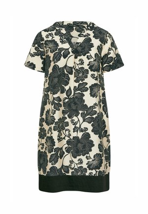 Kortærmet cremefarvet kjole med stort mørkegrønt blomsterprint og en ensfarvet mørkegrøn kant, med V-hals og løs pasform.