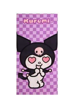 Purple checkered background with cartoon character Kuromi, black hood with skull, heart-shaped eyes, clasped hands, and smiling expression.