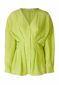 Blusa verde lime realizzata in tessuto testurizzato, con scollatura a V, chiusura con bottoni e dettaglio plissettato sul davanti, dotata di maniche lunghe.