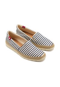 Baskets en toile rayées bleu marine et crème, avec une bordure en jute, une semelle en caoutchouc et une semelle en liège pour plus de confort.