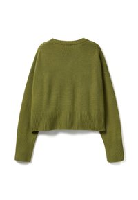 Olivgrüner verkürzter Pullover mit geripptem Saum und Bündchen, gestrickter Textur und Rundhalsausschnitt. Verfügt über lange, leicht übergroße Ärmel.