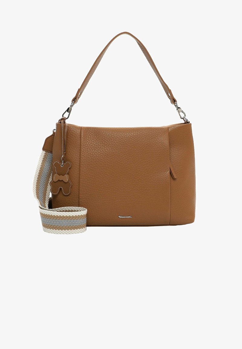 Pruun nahast käekott tekstureeritud viimistlusega, millel on eemaldatav triibuline rihm ja karu kujuline ripats.