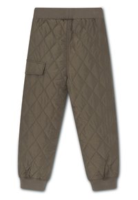 Quilted, olive green pants with ribbed cuffs and waistband. Features a side pocket with a flap and button detail. Smooth, padded fabric.
