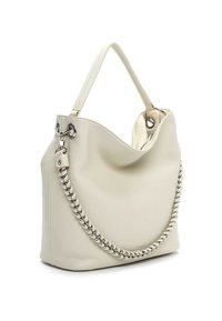 Biała skórzana torebka o luźnym kroju, z łańcuszkowym paskiem i gładką fakturą. Otwarta góra z delikatnymi detalami przeszyć.