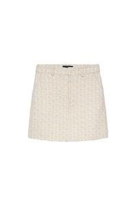 Beige tweed mini-rok met een gestructureerd oppervlak, tailleband en riemlussen. Heeft een rechte snit en een subtiel geweven patroon.