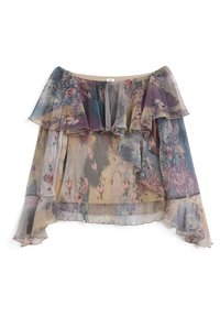 Floral printed blouse with ruffled off-shoulder design, featuring sheer fabric in pastel colors and pleated texture. Long, flowing sleeves.