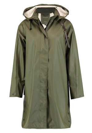 Olive green rain jacket with a hood, made of waterproof material, featuring a front zipper, snap buttons, and adjustable drawstring.