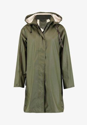 Veste de pluie vert olive avec capuche, fabriquée en matériau imperméable, dotée d'une fermeture éclair à l'avant, de boutons-pression et d'un cordon de serrage réglable.
