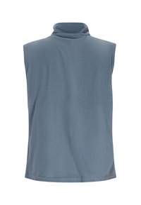 Ärmellose Fleece-Weste aus weichem, hellblauem Stoff mit hohem Kragen und einem klaren, minimalistischen Design. Glatte Textur ohne Muster oder Akzente.