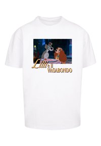 Hvit bomull T-skjorte med et fargerikt tegneseriegraphikk av to hunder, med teksten "Lilli e il VAGABONDO" nederst.