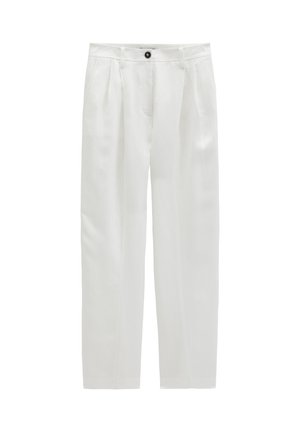 Weiße, maßgeschneiderte Hose mit vorderen Falten, Gürtelschlaufen, Seitentaschen und schwarzem Knopfverschluss in der Taille.