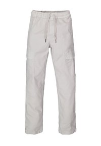 Lichtgrijze cargobroek van zacht materiaal, met een elastische tailleband met trekkoord, zijzakken en een ontspannen pasvorm.