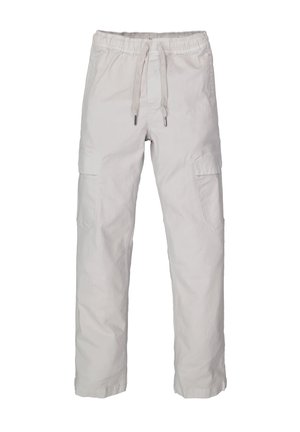 Pantalones cargo de color gris claro, hechos de una tela suave, con una cintura elástica con cordón, bolsillos laterales y un corte relajado.