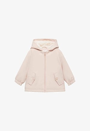 Lichtroze kinderjas met capuchon, voorzien van een ritssluiting aan de voorkant, twee klepzakken met drukknopen en elastische manchetten.