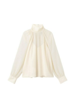 Gebroken witte blouse met lange mouwen, hoge hals, geplooide inzet, losse pasvorm, knoopmanchetten en ritssluiting aan de achterkant.