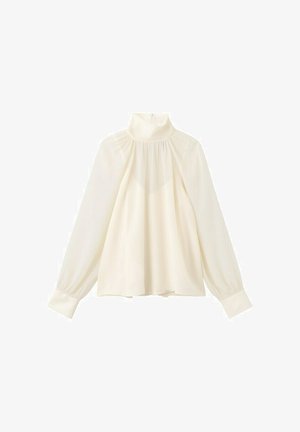 Gebroken witte blouse met lange mouwen, hoge hals, geplooide inzet, losse pasvorm, knoopmanchetten en ritssluiting aan de achterkant.