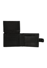 Cartera de cuero negra con múltiples slots para tarjetas, un bolsillo transparente para identificación, interior texturizado y cierre a presión. Diseño abierto.