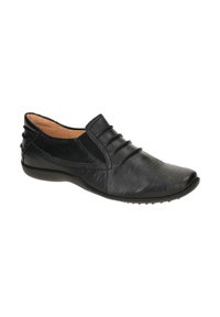Black leather slip-on shoes with elasticated side panels, textured upper, rounded toe, and a flexible rubber sole.
