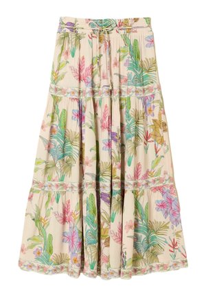 Dlouhá béžová sukně se stupňovitým designem, zdobená barevnými tropickými květinovými a listovými vzory a stahovacím pasem na šňůrku.