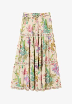 Dlouhá béžová sukně se stupňovitým designem, zdobená barevnými tropickými květinovými a listovými vzory a stahovacím pasem na šňůrku.