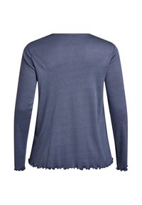 Langärmliges Oberteil aus dunkelblauem Stoff, mit Rundhalsausschnitt und rüschendem Saum. Glatte Textur mit einem einfachen, leichten Design.