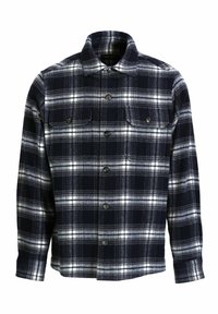 Geruite flanellen shirt in marineblauw en wit, met knopen, twee borstzakken en een klassieke kraag met een zachte textuur.