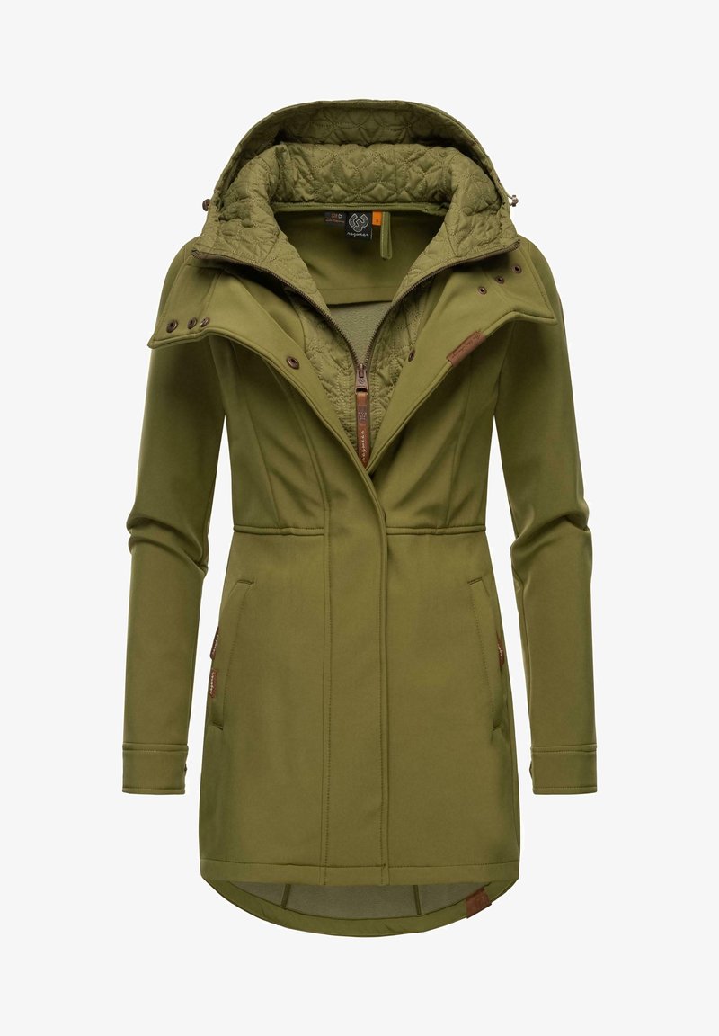 Olivgrön jakke med lång ärm, dubbel lager huva, dragkedja fram, sidofickor och vadderad insida. Har sömnadsdetaljer och logotypaccenter.