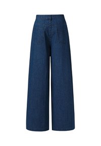Pantalon en denim à jambes larges de couleur bleu foncé avec des rayures verticales. Comprend deux poches arrière, une ceinture lisse et un ourlet fini.