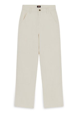 Beżowe bawełniane spodnie z prostym krojem nogawki, z przednimi kieszeniami i dwiema tylnymi kieszeniami naszytymi. Zamek na guzik oraz szlufki na pasek.