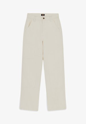 Beżowe bawełniane spodnie z prostym krojem nogawki, z przednimi kieszeniami i dwiema tylnymi kieszeniami naszytymi. Zamek na guzik oraz szlufki na pasek.