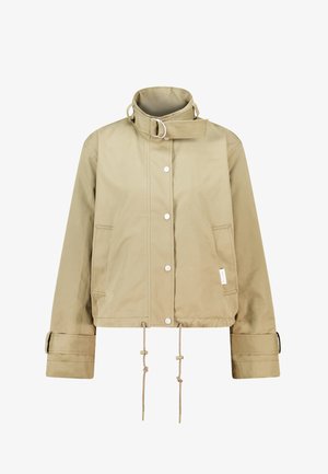 Kaki korte jas met een hoge kraag, drukknopen, voorzak en verstelbare manchetten met een trekkoordzoom voor een aanpasbare pasvorm.