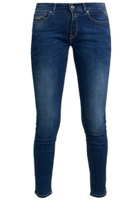 Jeans ajustados de color azul oscuro, hechos de denim, que cuentan con cinco bolsillos, un cierre de cremallera y detalles de costura sutiles a lo largo de las costuras.
