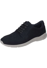 Sneaker in pelle blu navy con design con lacci, punta tonda e accenti perforati sui lati. Suola in gomma grigio chiaro per un buon comfort.