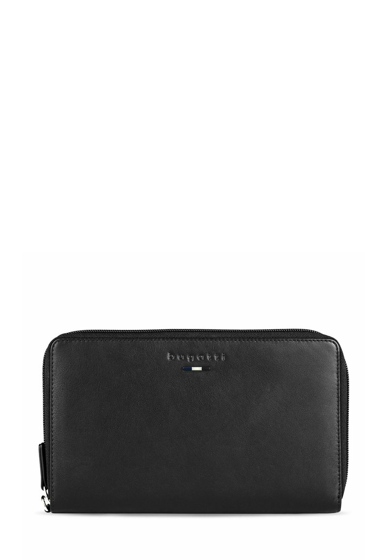 Black leather wallet featuring a zip closure, embossed logo, and a smooth texture with a slim rectangular shape.