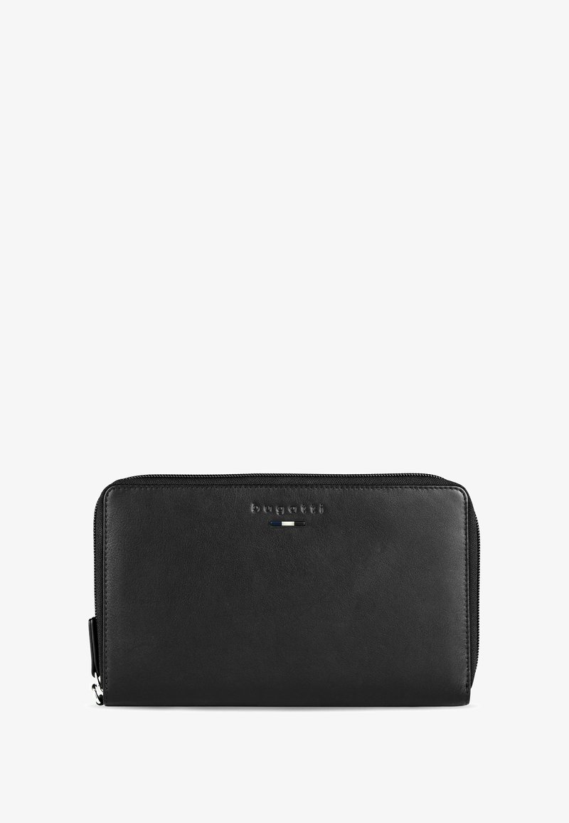 Black leather wallet featuring a zip closure, embossed logo, and a smooth texture with a slim rectangular shape.