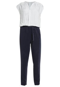 Námořnický modrý overal s krátkým rukávem a výstřihem do V. Má zúžený pas se stahovací šňůrkou, vyrobený z lehkého, hladkého materiálu.