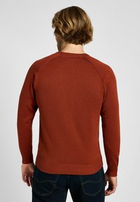 Sweter w kolorze rdzy z prążkowanymi mankietami i dolnym krawędzią, wykonany z gładkiej dzianiny, posiadający okrągły dekolt i raglanowe rękawy.