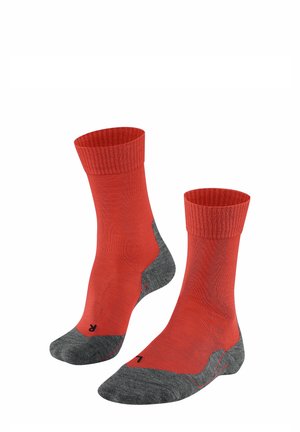 Rote Socken mit geripptem Oberteil, grauem Fersen- und Zehenbereich. Sie verfügen über eine glatte Textur und kontrastierende Farbakzente. Geeignet für die Freizeit.