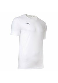 Biała koszulka sportowa z teksturowanej tkaniny, z okrągłym dekoltem i krótkimi rękawami. Zawiera szare logo na piersi.