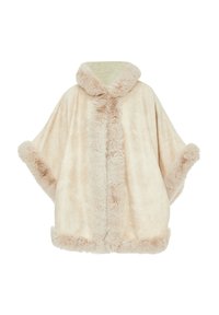 Helles beiges Poncho mit einer weichen, flauschigen Textur. Verfügt über ein weit geschnittenes Design, eine Kapuze und entfernbare Fellakzente entlang des Kragens und der Ärmel.