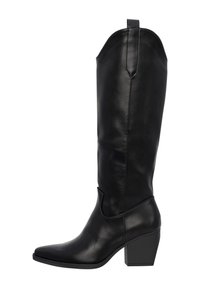 Botas de cuero negras hasta la rodilla con punta afilada, tacón cuadrado y una costura decorativa en la parte superior. Textura suave con una silueta elegante.