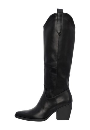 Zwarte leren kniehoge laarzen met een spitse neus, een blokhak en een decoratieve bovennaad. Gladde textuur met een strakke silhouet.