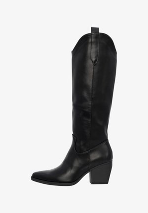 Sorte læder knæhøje støvler med spids tå, blokhæl og dekorativ top søm. Glat tekstur med en slank silhuet.