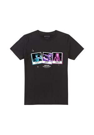 Black t-shirt with three colorful framed portraits of animated characters and "Kpop Demon Hunters" text below.