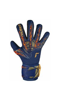 Guanto da portiere blu con un design geometrico arancione e dettagli dorati. Presenta una presa testurizzata sul palmo e un cinturino sicuro per il polso.