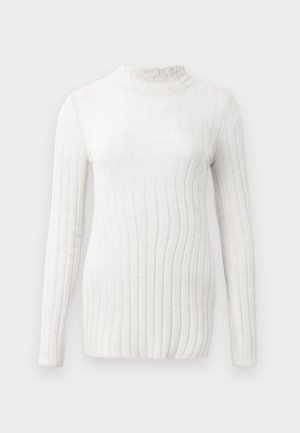 Top de manga longa e gola alta em creme, com textura canelada. Apresenta um tecido suave e discreto, além de uma silhueta ajustada. Sem padrões ou realces visíveis.